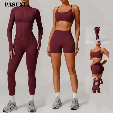 PASUXI Hot Sale Spandex 4 Piece Set Sport Yoga Suit Long Sleeve Top Soft Butt Lift Fitness Leggings Lightweight Gym Fitness Sets