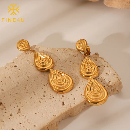 New 18K Gold Stainless Steel Geometric Thread Relief Water Drop Pendant Dangling Earrings for Girls