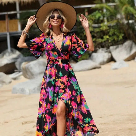 New Arrival Women's Printed Elegant & Stylish Irregular Short Sleeves Dress - Color Block Vacation Style Summer Dress for Women