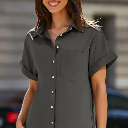 Autumn Spring Summer Sleeve Shirts with V-Neck Collar Button-Down Shirt Tops Woven Polyester with Front Logo and Pockets