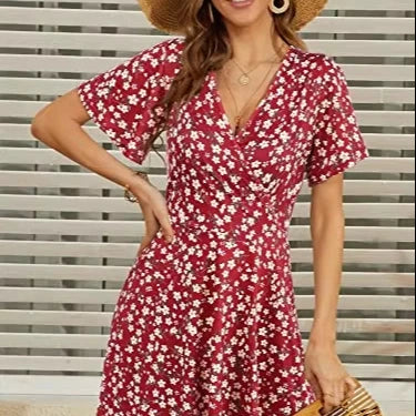 2026 Summer New Women's Floral Print Short Sleeve Wrap V-Neck A-Line Dress Casual Daily Vacation Wear Custom OEM/ODM