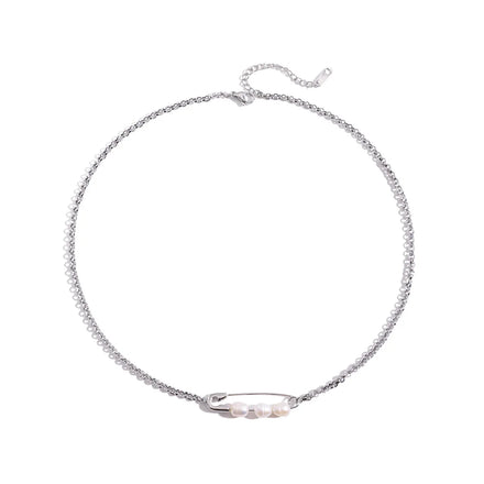Fine Jewelry Silver Color Stainless Steel Paperclip Design Natural Freshwater Pearl Necklace
