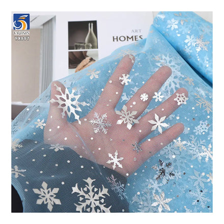 YX887 100% Polyester Silvery White Snowflake Printed Fabric Frozen Mesh Elsa Princess Dress Children's Dress Blue Tulle Fabric