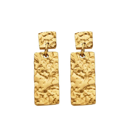 18K PVD Gold Plated Dressy Big Rectangle Hammered Vintage Nugget Texture Drop Earring Stainless Steel Jewelry for Women