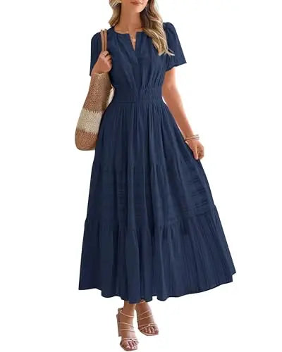 2026  Summer New European Style Women Fashion V-Neck Ruched Puff Sleeve Flared Hem Short Sleeve Dress  Custom OEM/ODM