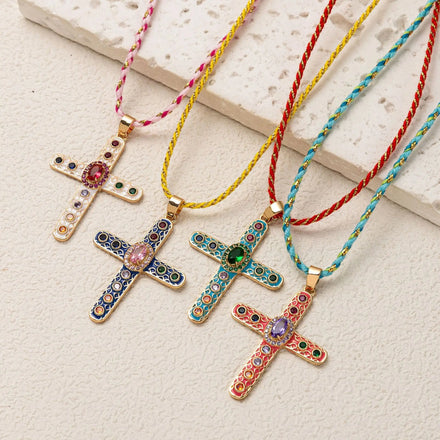 Gothic Style Religious Charm Pendant Plated Versatile Necklace Hot Selling Colorful Zirconium Fat Cross Necklace Wholesale
