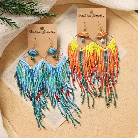 Fashion Bohemian Tassel Earrings Long Retro Ethnic Style Exotic Personality Rice Beads Holiday Earrings for Women