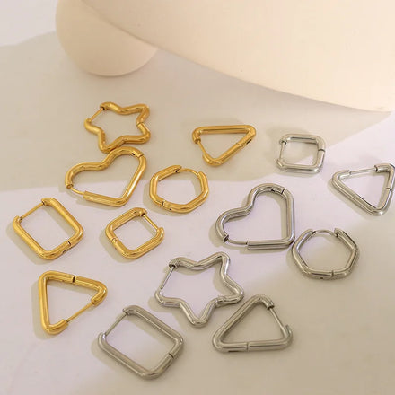 High End PVD 18K Gold Plated Simple Smooth Heart Rectangle Triangle Square Huggie Hoop Earrings Stainless Steel Jewelry