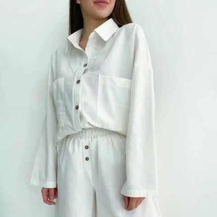 Solid Color Loose-Fit Long-Sleeve Shirt and Above Knee Shorts Set Woven Canvas Plain Dyed Daily Wear One Set