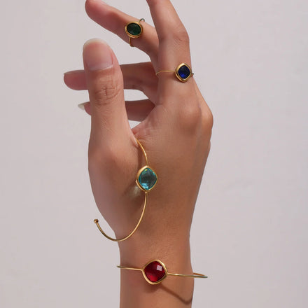 18K Pvd Gold Plated Stainless Steel Fine Circle Faceted Czech Glass Open Bangles for Women