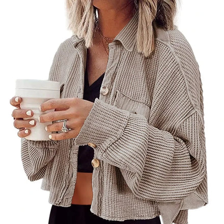 Women's Cropped Waffle Knit Shacket Short Button Down Jacket Batwing Sleeve Shirts with Pocket