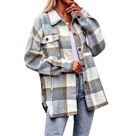 Autumn/Winter Women's European-American Style Plaid Coat Button Decor Loose-Fit Casual Pocket Polyester Shirt New Collection