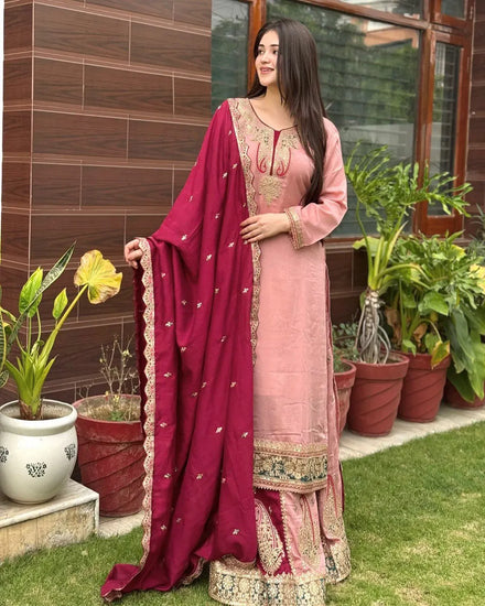 Indian Pakistani Women's Party Wear Sharara Suit Bollywood Style Wedding Diwali Dress Cinon Top Sarara Dupatta Set Fox Georgette