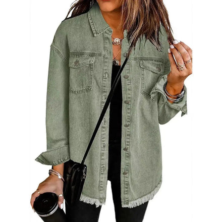 Women's New Washed Jacket Single Breasted Stand Frayed Hem Coat Euro-American Style for Autumn-Winter Edgy Streetwear