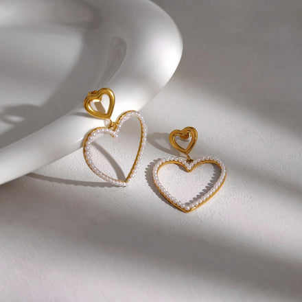 Fine Jewelry Heart Dangle Earrings Stainless Steel Gold Plated 18k Simulated Pearl Hypoallergenic Fashion Drop Ear Ring