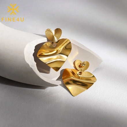 Stainless Steel Earrings for Women 18K Gold Plated Trendy Jewelry Wave Surface Heart Stainless Steel Pendant Earrings