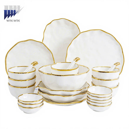 Modern Minimalist Porcelain Tableware Gold Wavy Edge Irregular Plate Bowl Set Disposable Stocked Dishwasher & Microwave Safe