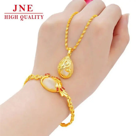 Alluvial Gold Women's Necklace Bracelet Peacock Two-piece Crystal Opal Pendant Imitation Gold Jewelry Gold Plated Ornament