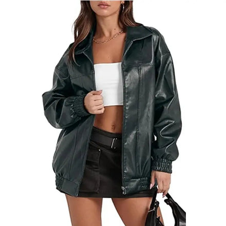 Women's Casual Style PU Leather Jacket with Long Sleeve Lapel Collar Zipper Closure and Side Pockets