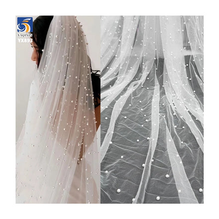 YX893-1 Online Wholesale 118 Inches 3D Beads Pearls Tulle Fabric Bridal 100 Polyester White 3D Mesh Fabric Wedding Tulle