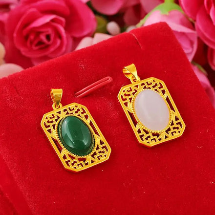 Fashion Chalcedony Necklace Ethnic Style Vietnam Gold Imitation 24k Gold Green Chalcedony Gem square Plate Necklace for Women