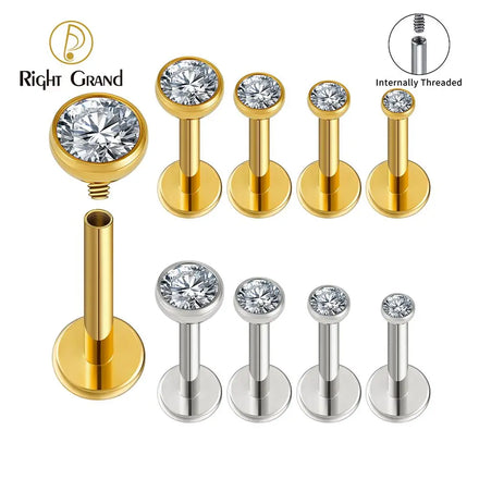ASTM F136 Titanium 16G Internal Thread Bezel Setting Cz Cartilage Punk Helix Tragus Conch Snug Ear Labret Piercing Jewelry
