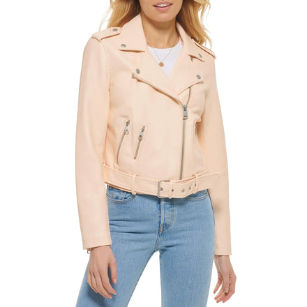 Women's Casual Style PU Leather Jacket with Long Sleeve Lapel Collar Zipper Closure and Side Pockets
