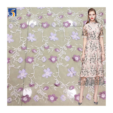 YX884 Fast Shipping Polyester Multi-color Morning Glory Embroidered Tulle Fabric Embroidery Floral Purple Mesh Fabric for Woman