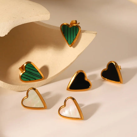 Heart Shape 18K Gold Plated Stainless Steel Stud Earrings Malachite Natural Shell Women Fashion Jewelry Casual Earring