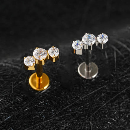 Classic Labret Lip Piercing Jewelry Triple CZ Prong Setting 16G Internally Threaded Titanium Earrings Tragus Helix Flat Back