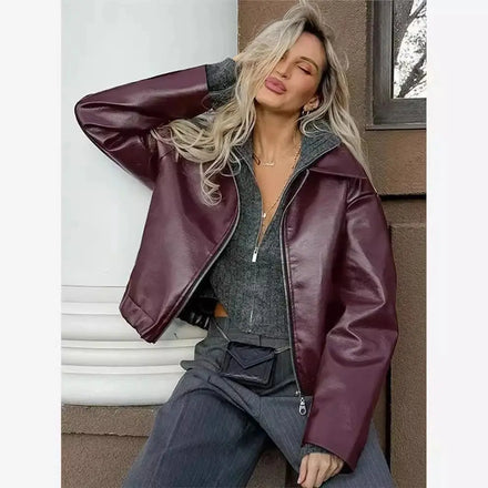 Women's Casual Style PU Leather Jacket with Long Sleeve Lapel Collar Zipper Closure and Side Pockets