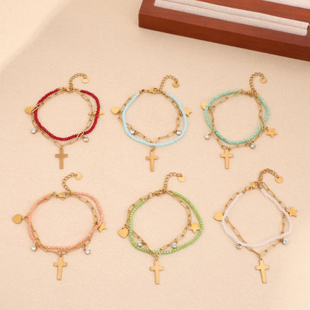 New Fashion Bracelet Bohemian High-grade Titanium Steel Beaded Heart Five-pointed Star Bracelet Wholesale