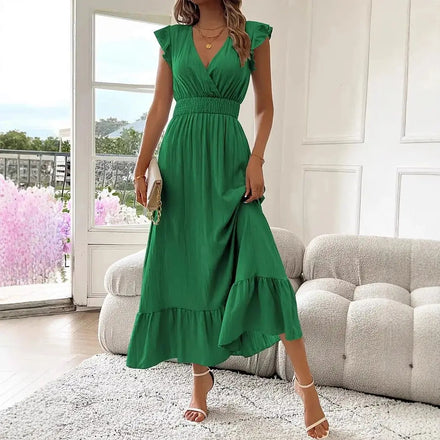 Wholesale Custom Romantic Black Midi Dress with Flutter Sleeve and Smocked Waist for Ladies Summer Daily Wear and Holiday Outing