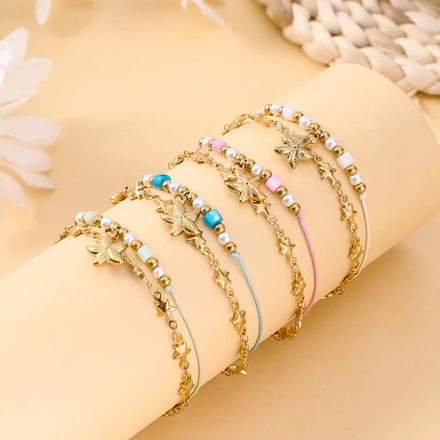 Cross-border Stainless Steel Bracelet Bohemian Style Turquoise Five-pointed Star Shell Beads Double-layer Niche Bracelet