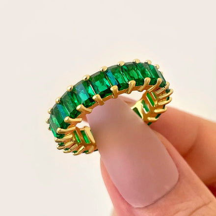 In stock 925 Silver Baggett Cut No Tarnish Gold Plated Full Cubic Zircon Wedding Bands Emerald Green Fine Jewelry for Women Gift