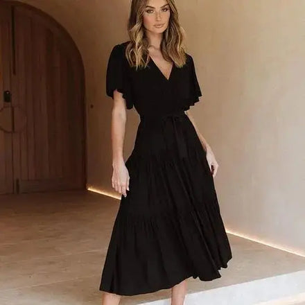 Romantic Bohemian Style Ladies' V-Neck Commuter Printed Maxi Dress Short-Sleeve Summer Midi Length Woven Waist-Defined Dress