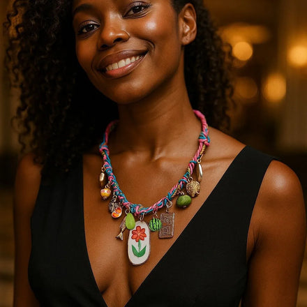 Cross-border Fashion Summer Fresh and Simple Dopamines Color Hand-woven Rope Alloy Flower Fruit Pendant Female Necklaces