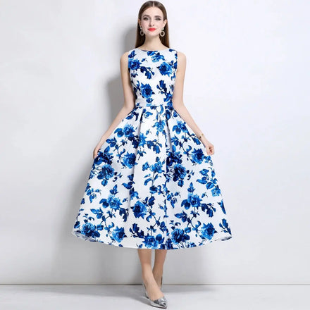 Romantic Summer Sleeveless High-Waist Dress Socialite Midi-Length A-Line Skirt with Three-Dimensional Woven Tailoring