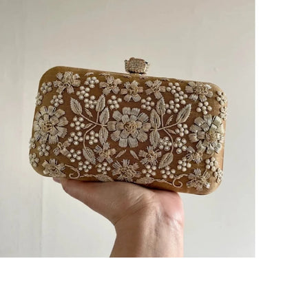 Custom Made Brown Hand Embroidered Waterproof Autumn Evening Clutches Microfiber Material 7 Inch Button Closure Fashion
