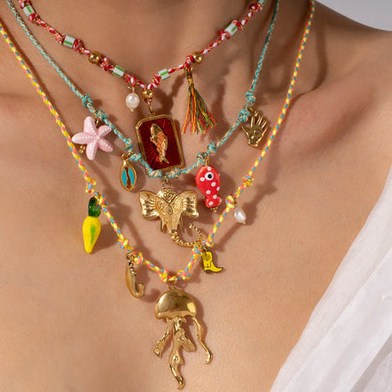 European and American Fashion Stainless Steel Elephant Fish Starfish Fruit Sun Color Ceramic Multi-pendant Knot Female Necklace