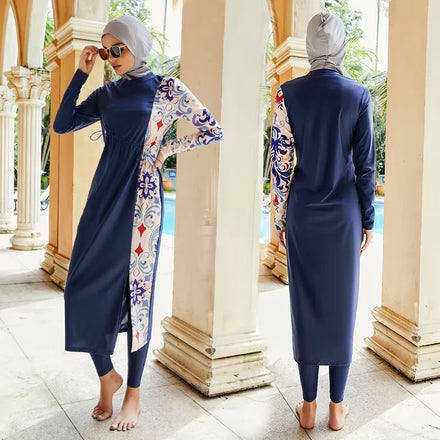 Muslim Modest Split-Block Color-Block Print Swimwear Suits Ladies Three-Piece Surfing Diving Sunscreen Swimsuit Borkini