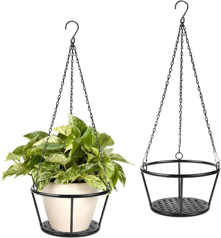 2 Pack Black Iron Chain Plant Holders Indoor Home Metal Hanging Planter Shelf with Wood Stand Window Ceiling Wall Hanger