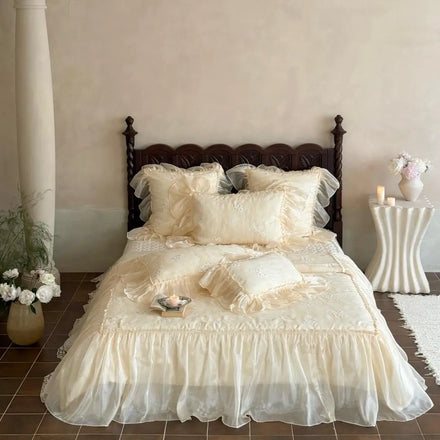 Premium Quality 80s Lyocell Embroidered Digital Printed Beige Bed Sheets and Pillowcases Stylish Lace Bedding Set for Home Use