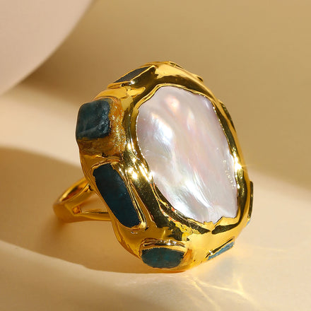 Luxury 18K Gold-Plated Fashion Adjustable Size Ring Bezel Setting Natural Pearl and Blue Apatite for Gift Party Girls