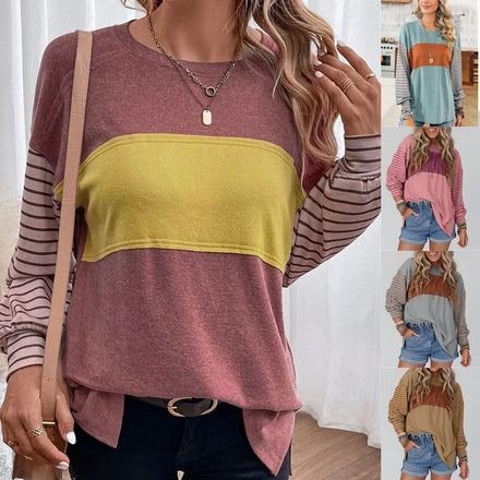 2025 Summer Women's T-Shirts New Arrival Casual Pullover Round Neck Long Sleeve Stripe Color Plus Size Oversized T-shirt