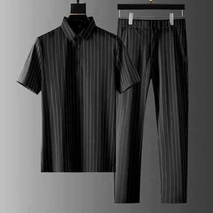 OEM custom logo embroidery printed design light luxury high-end men's summer leisure short-sleeved thin striped two-piece suit