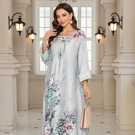 Middle East Cross-border Muslim Robe Printed Beaded Diamond European and American Foreign Trade Long Skirt Dress Abai Ya