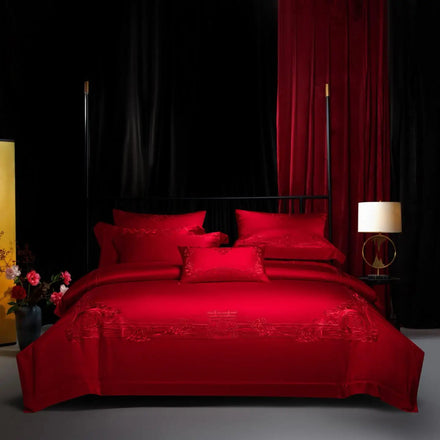 Luxury Red Bride Wedding Duvet Bedding Set King Size Lyocell Cotton Embroidery Quilt Comforter Bed Sheet Cover Bedding Set