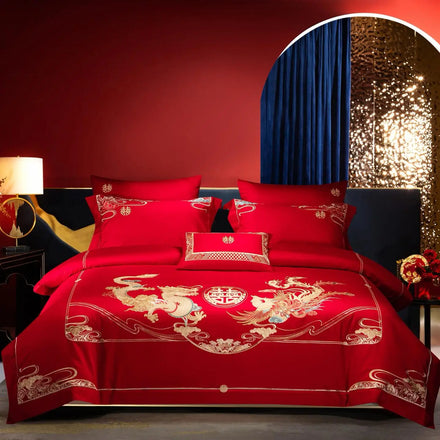 OEM Romantic Red Couple Duvet Cover Gold Embroidery Pillowcases Bed Sheets 4-piece Home Textile Bride Bedding Set Manufacturer