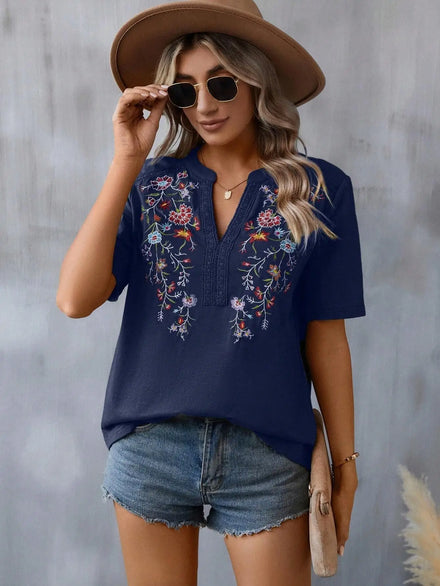 V Neck Lace Trim Blouse Multi Needle Embroidery Plain Dyed Polyester Woven Summer RTS Ready Stock Distributor roupas femininas